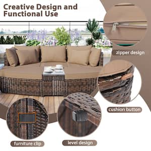 Brown Metal 6-Piece Patio Outdoor Conversation Round Sofa Sectional Set Separate Seating Group with Cushions