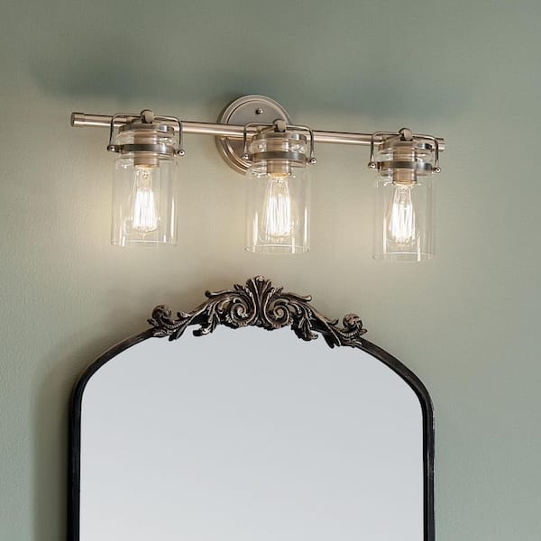 Brinley 24 in. 3-Light Brushed Nickel Vintage Bathroom Vanity Light with Clear Glass