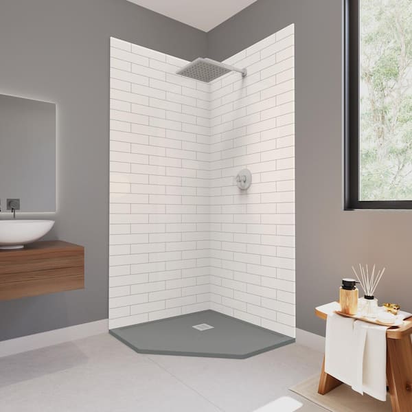 CASTICO Corner Neo 37 in. x 37 in. x 84 in. Solid Composite Stone Shower Kit - Subway Shower Walls and GR Sand Shower Pan Base