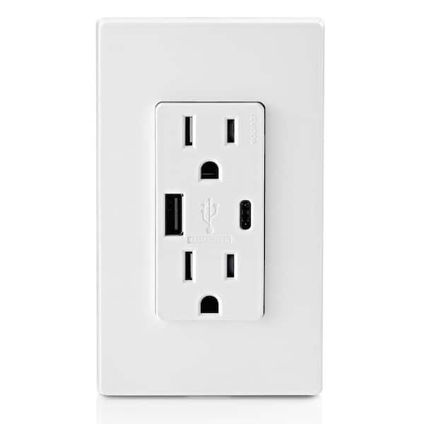 15 Amp Decora Tamper-Resistant Duplex Outlet with Type A and C USB Charger, White (2-Pack) T5633-2BW