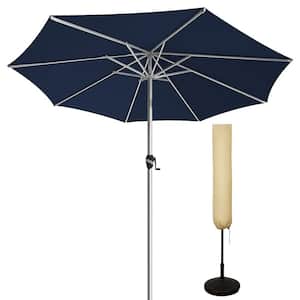 9 ft. Aluminum Patio Umbrella, 5-YEAR Fade-Resistant Market Umbrella with Push Button Tilt and Umbrella Cover Navy Blue