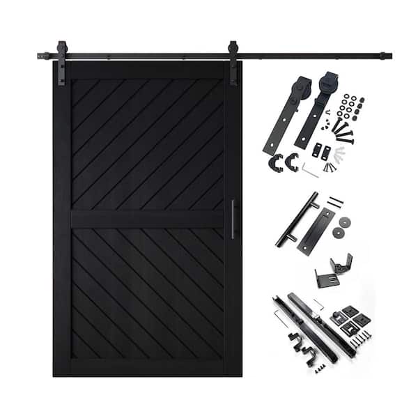 HOMACER XT3 48 in. x 80 in. C-Panel Black Slanted Stripe Design Solid Pine Wood Sliding Barn Door with Hardware Kit