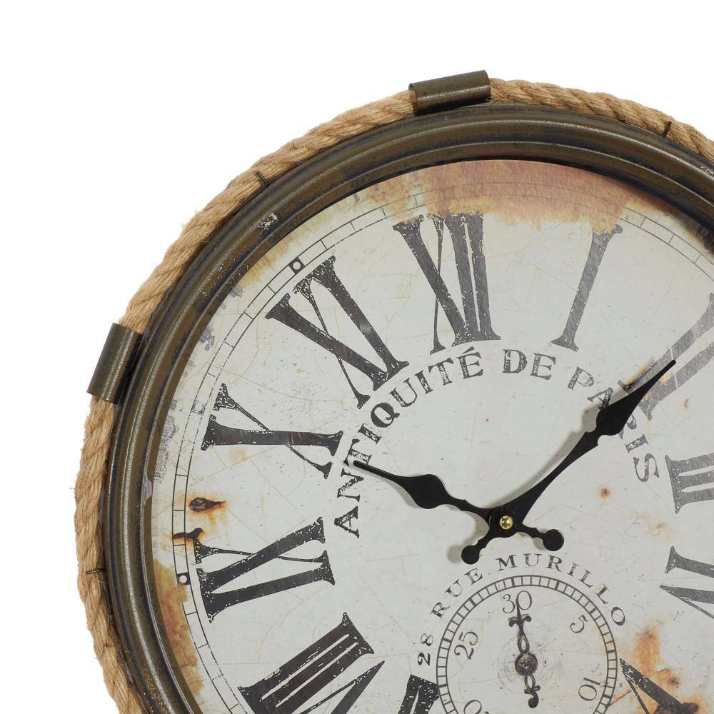17" Brown Metal Wall Clock with Rope Frame and Distressed Cream Face