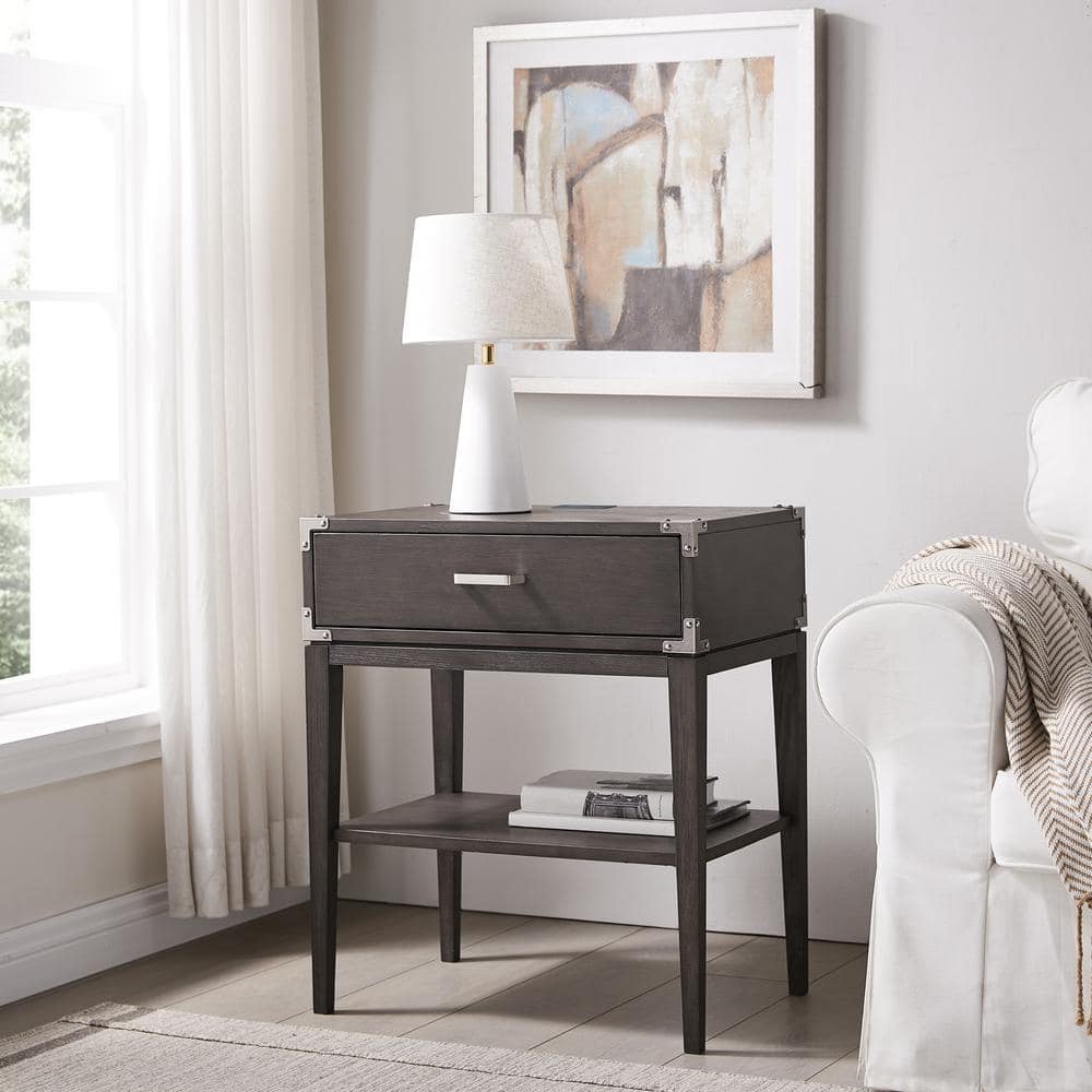 Beckett Anthracite Solid Wood Nightstand with USB Charging Port