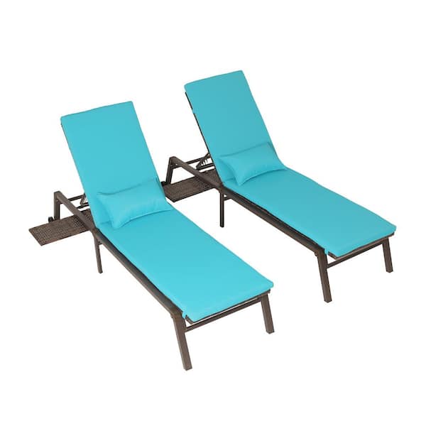Unbranded Blue PE Wicker Outdoor Chaise Lounge Chair Set of 2 with Wheels, 5-Position Adjustable Backrest and Cushions