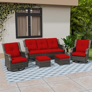 5-Piece Wicker Extra-Wide Arm Outdoor Patio Conversation Sofa Set with Red Cushions