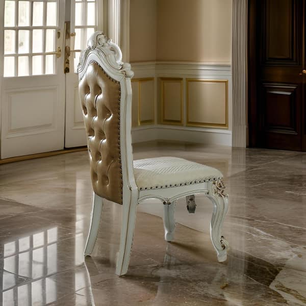 Benjara White and Brown Faux leather Side Chair with Button Tufting (Set of 2)