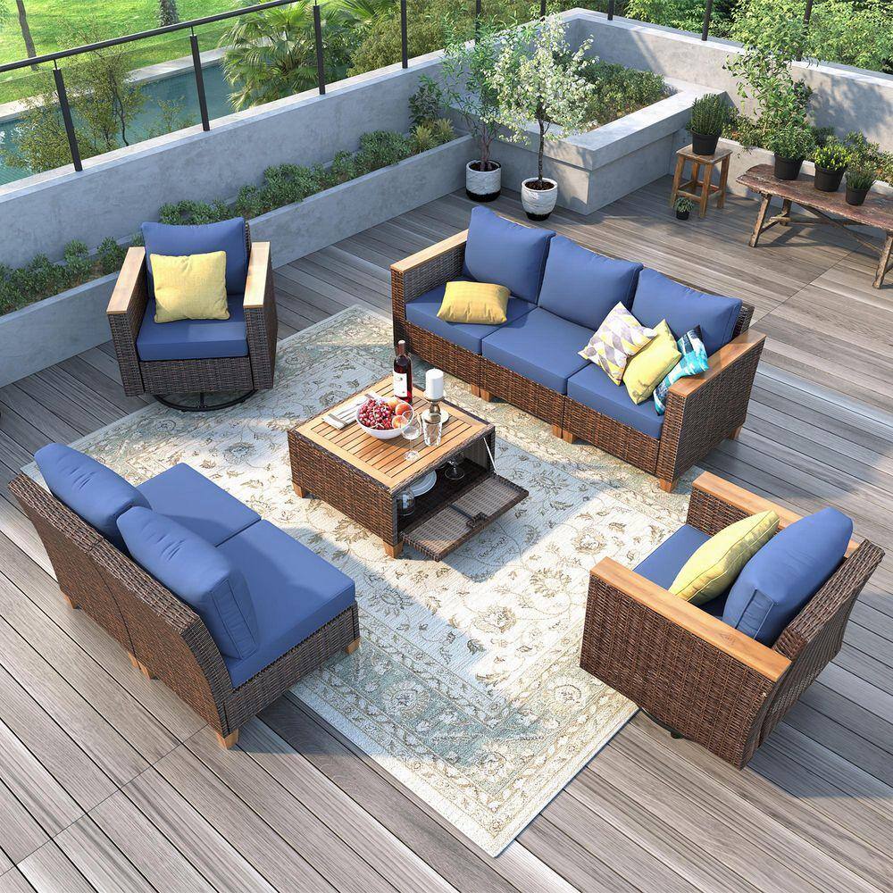 Tenleaf 8-Piece Wicker Patio Conversation Set with Blue Cushions ...