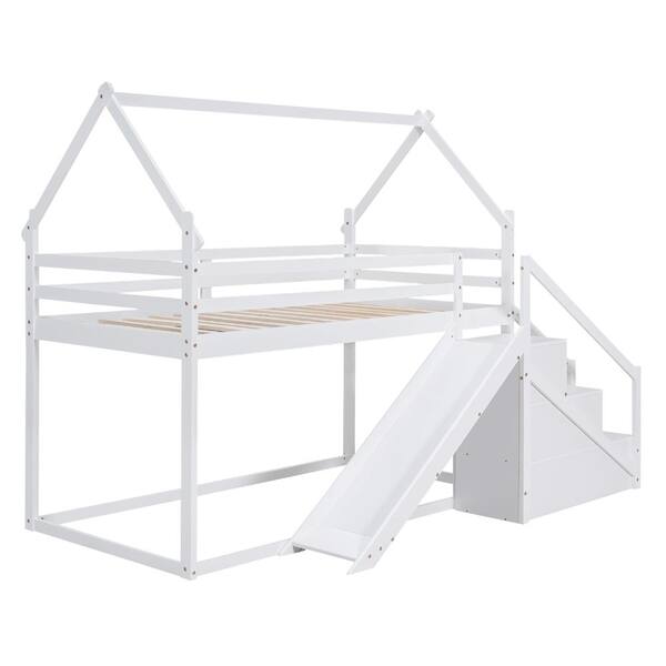 Nestfair White Wood Twin over Twin Bunk Bed with Slide and Staircase ...