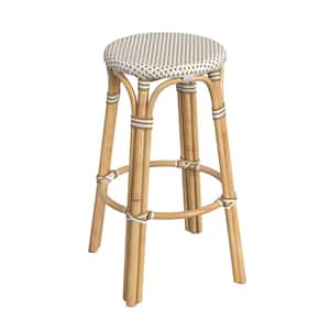 Tobias 30 in. White and Tan Dot Backless Round Rattan Bar Stool