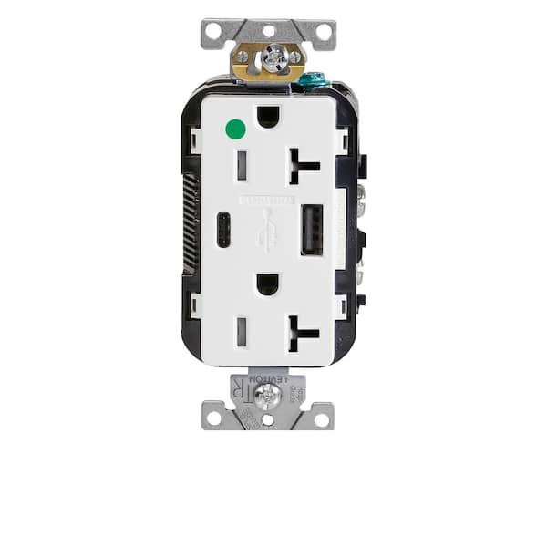 Leviton 20 Amp Tamper Resistant Hospital Grade Duplex Outlet with Type A and Type-C USB Chargers, White T5833-HGW