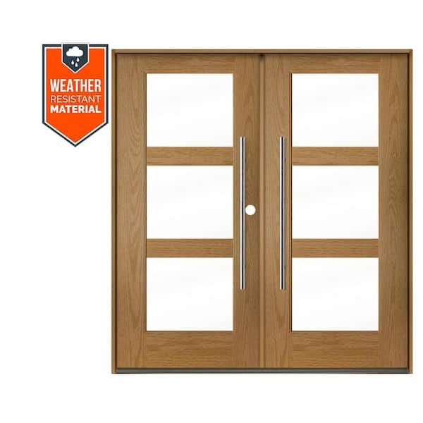 Faux Pivot 72 in. x 79 in. Left-Active/Inswing 3-Lite Clear Glass Bourbon Stain Double Fiberglass Prehung Front Door
