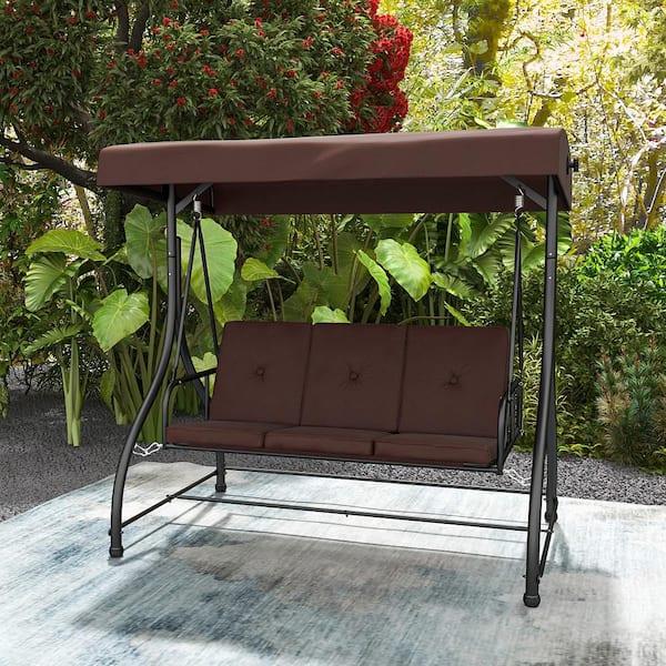 Costway 3 Person Metal Outdoor Converting Patio Swing Glider Adjustable Canopy Porch Swing Coffee NP11065CF The Home Depot