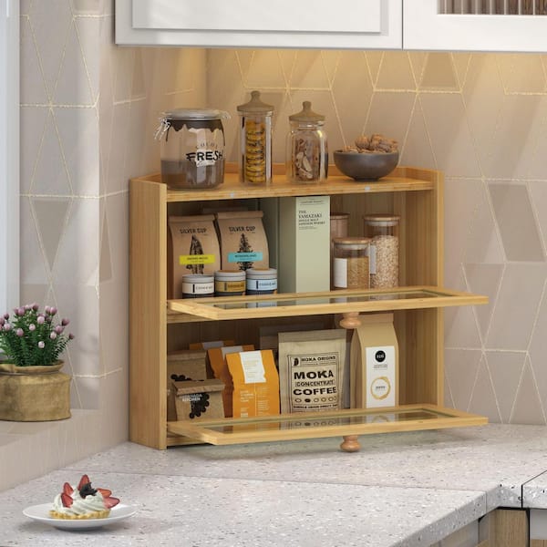 1 Piece Bamboo Corner Bread Box for Kitchen Countertop, Large Bread Container Storage with Window