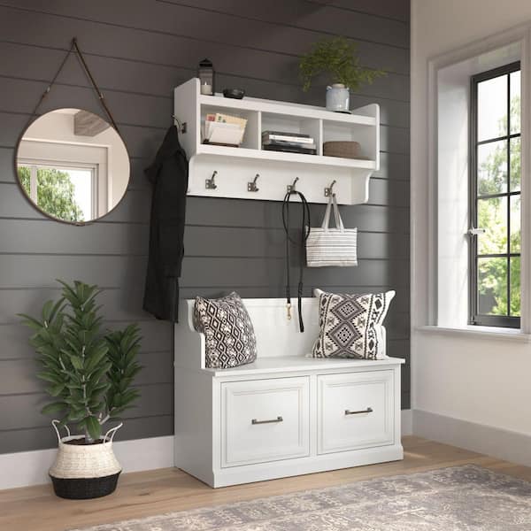 Woodland White Ash Entryway Bench with Doors and Wall Mounted Coat Rack