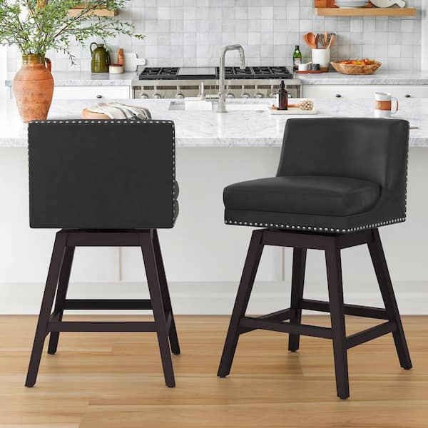 cozyman Zorro 27 in.Black Faux Leather Upholstered Swivel Counter Stool Wood Frame Double Cushion Swivel Bar Stool Set of 2