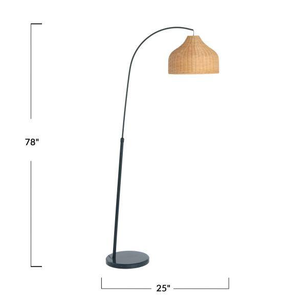 78 in. Black Arc Floor Lamp with Marble Base and Rattan Shade