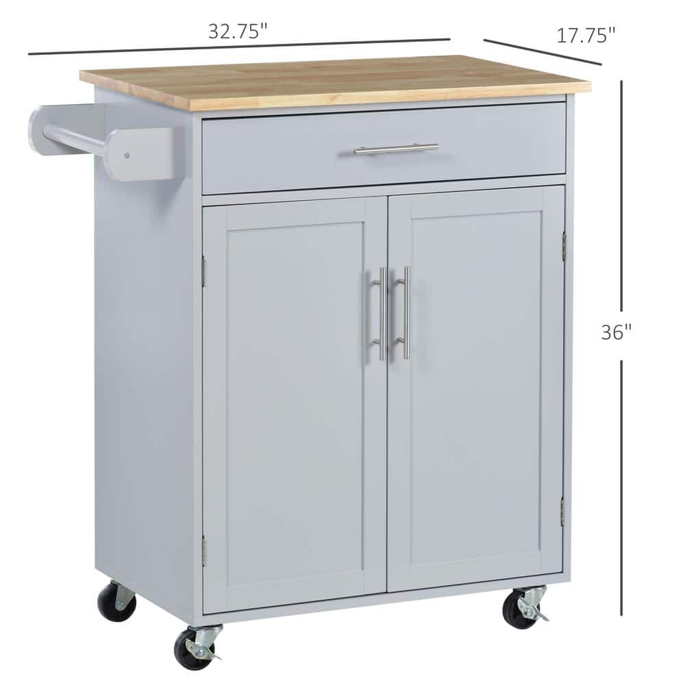 Grey Wood Rolling Kitchen Cart with Storage and Towel Rack