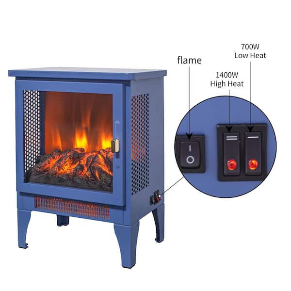 14 in. W x 18 in. H Freestanding Electric Fireplace Heater in Blue with 3D Flame and Panoramic 3-Sided View
