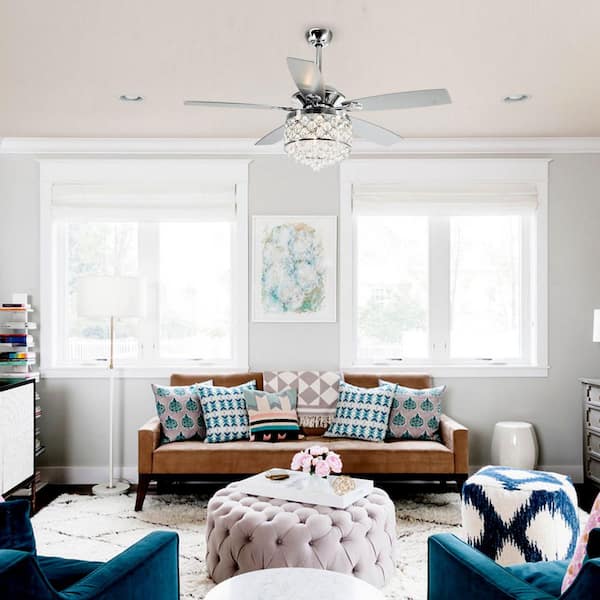 Modern 52 in. Indoor Chrome Downrod Mount Crystal Chandelier Ceiling Fan with Light and Remote Control