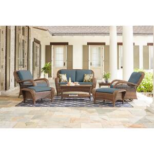 Beacon Park Brown Wicker Outdoor Patio Loveseat with Sunbrella Denim Blue Cushions