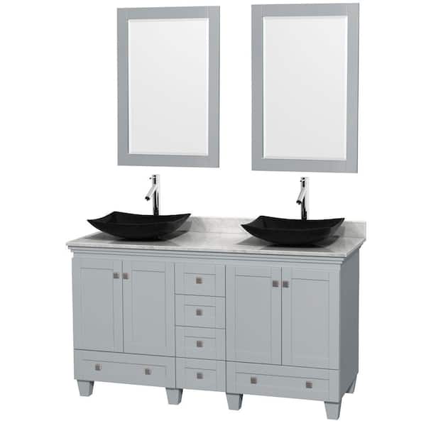 Wyndham Collection Acclaim 60 in. W x 22 in. D Vanity in Oyster Gray with Marble Vanity Top in Carrera White with Black Basins and Mirrors