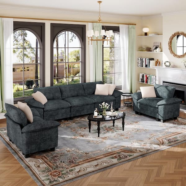 123.6 in. Flared Arm 5-Seat Chenille Modular Sectional Sofa in. Cerulean-Dark-Cyan with Throw Pillows for Living Room