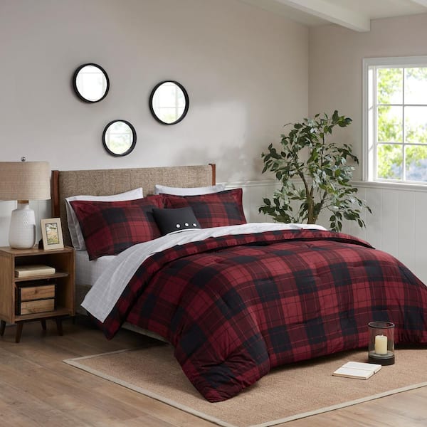 Unbranded Colebrook 8-Piece Microfiber Reversible King Red Plaid Comforter Set with Bed Sheets