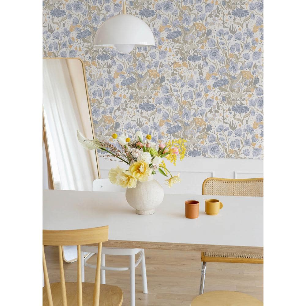 Light Blue and Cream Floral Non-Pasted Wallpaper Roll