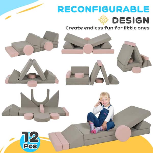 Gray 12-Piece Kids Couch for Playroom Bedroom, Convertible