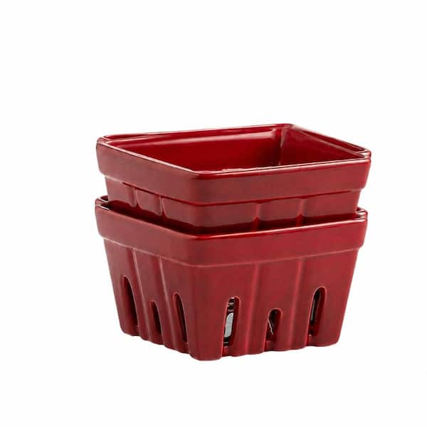 Set of 2 Square Ceramic Berry Baskets for Kitchen Counter 4.2 in Fruit Bowls with Drainage Holes in Red