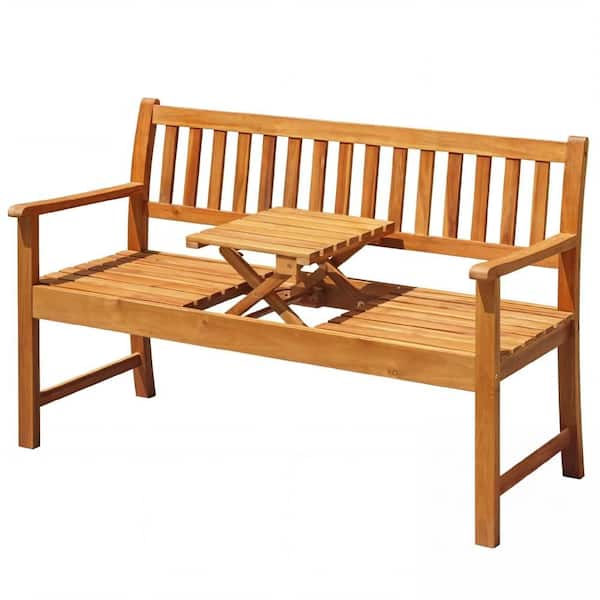 55 in. 2-Person Medium Brown Acacia Wood Outdoor Bench with Pop Up Table