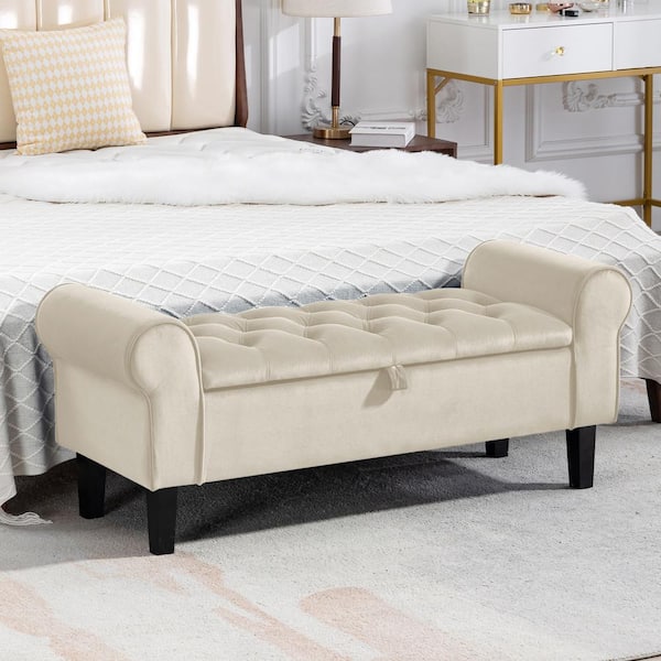JEAREY 48.43 in. W x 17.72 in. D x 19.29 in. H Beige Tufted Brushed Velvet Armed Storage Bedroom Bench with Rubberwood Legs