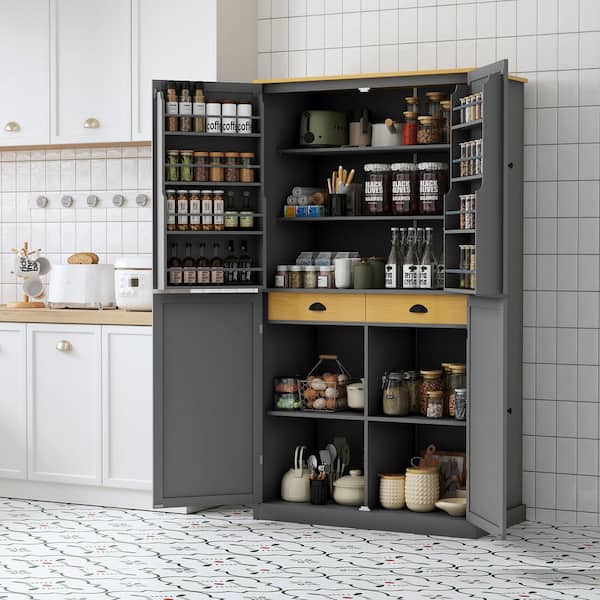 Freestanding Gray Kitchen Pantry Organizer, Cabinet 2 Adjustable Shelves, 2-Drawers, 8-Door Inner Shelves