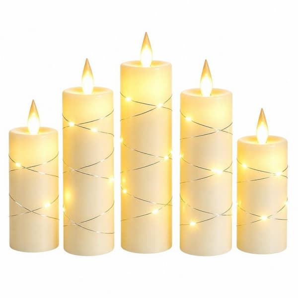 5-Piece Remote-Controlled Flameless Ivory White Real Wax LED Candles with Light String and Timer