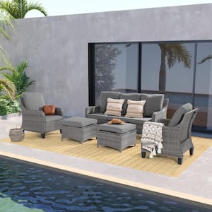 5-Piece Gray Wicker Outdoor Conversation Seating Sofa Set, Gray Cushions with 3-Seater Sofa, Ottomans