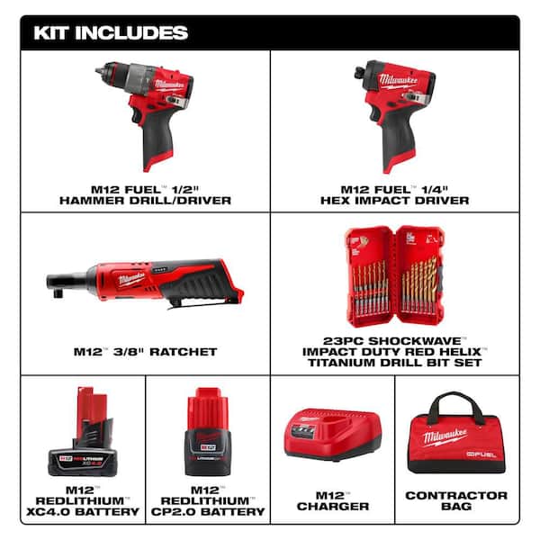 M12 FUEL 12V Cordless Hammer Drill/Impact Kit + M12 3/8 in. Ratchet + SHOCKWAVE 23-Pc Titanium Set Combo Kit