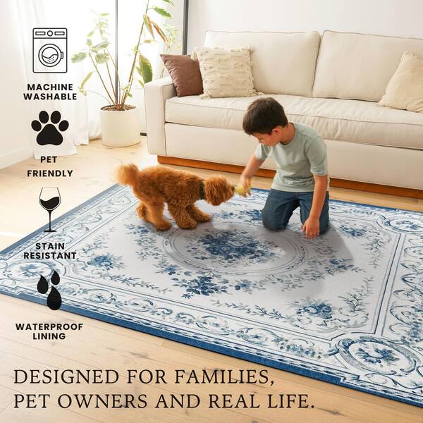 My Magic Carpet Aubusson Blue 5 ft. x 7 ft. Medallion Washable
