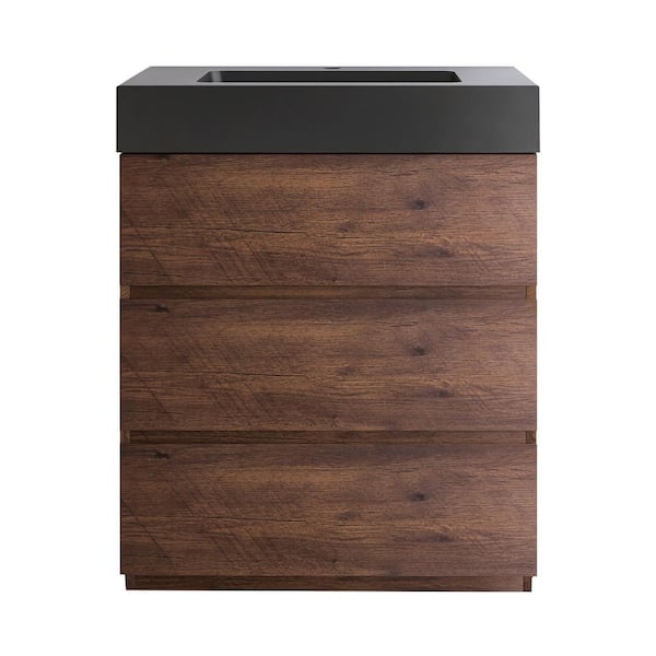JimsMaison 30 in. W x 18 in. D x 37 in. H Freestanding Bath Vanity in Walnut with Black Solid Surface Top