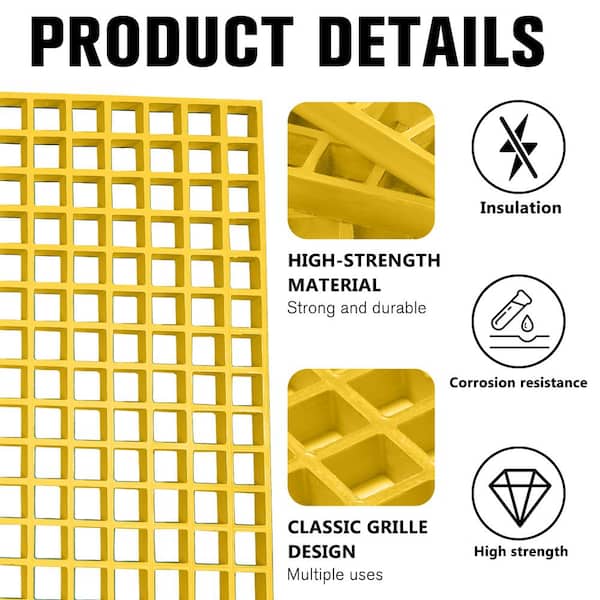 Wellco 1.5 x 1.5 x 1 in., 1 x 4 ft., Fiberglass Molded Grating Composite for Outdoor Drain Cover Deck Tile, Yellow