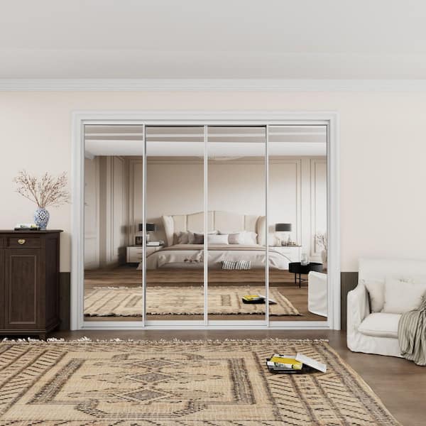 96 in. x 80 in. 1-Lite White Mirrored Glass and Aluminum Frame Finished Closet Sliding Door with Hardware Kit