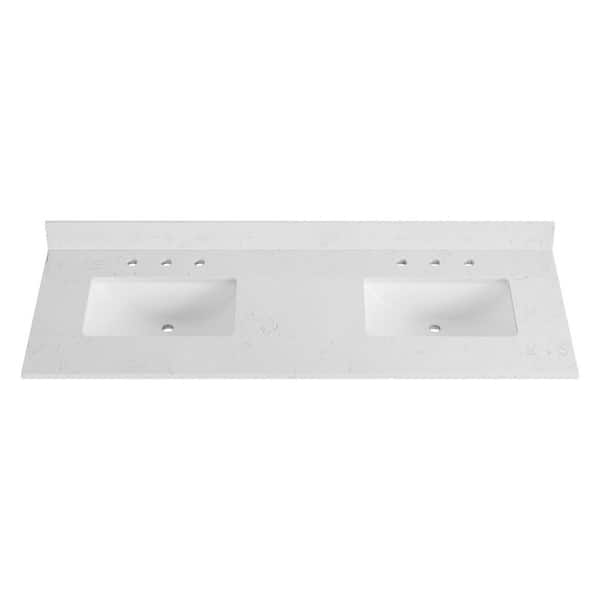DELUXE DL LIVING 61 in. W x 22 in. D Engineered Stone Composite White Rectangular Double Sink Bathroom Vanity Top in Carrara White