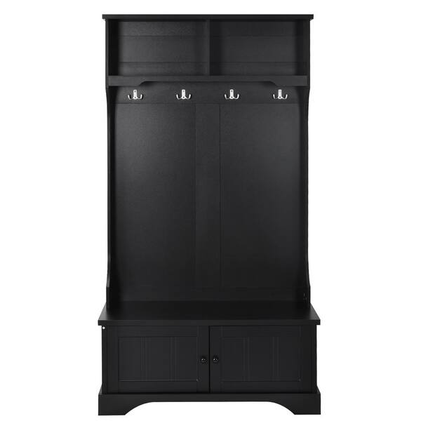 Qualler Black Hall Tree Entryway Bench with Shelves Cabinet and 4-Hooks ...