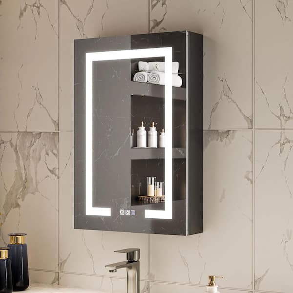 AZDHOME 20 in. W x 30 in. H Black Rectangular Aluminum Recessed/Surface Mount Left Lighted Medicine Cabinet with Mirror