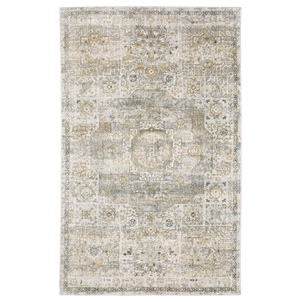 9 ft. x 12 ft. Gray, Gold Medallion Washable Area Rug