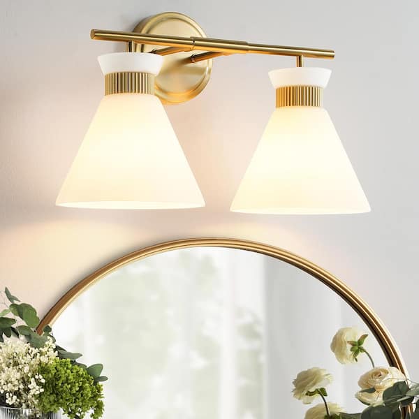 KAISITE 17.3 in. 2-Light Brushed Gold Vanity Light with Milk White Glass Shade Modern Bathroom Light Fixture