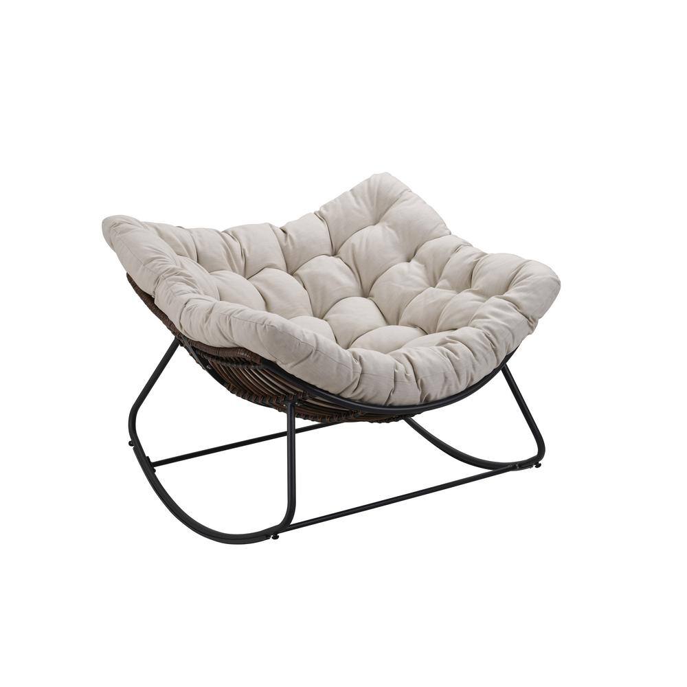 1-Piece Metal Gray Rattan Rope Club Outdoor Rocking Chair with Beige Cushio