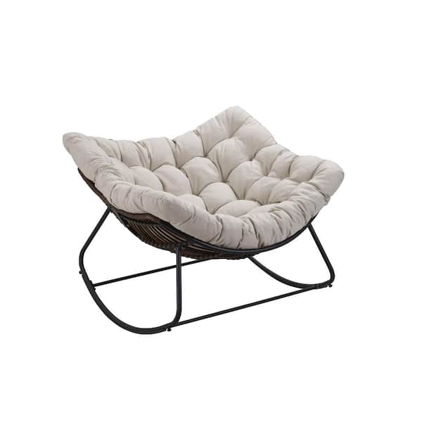 Unbranded 1-Piece Metal Gray Rattan Rope Club Outdoor Rocking Chair with Beige Cushion