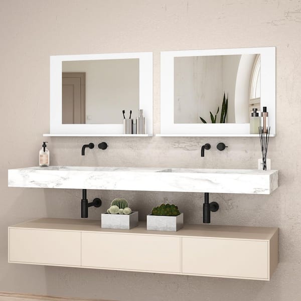23.5 in. W x 17.5 in. H White Rectangle Full Length Bathroom Mirror with Shelf and Wood Frame