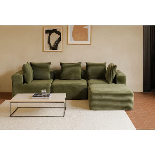 111.02 in. W Corduroy Square Arm Modular Sectional Sofa in. Green, Compressed and No Assembly